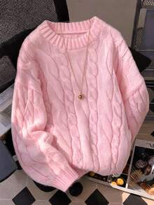 Teen Girls Teen Girl Pink Round Neck Loose Long Sleeve Cable Knit Sweater, College Style Simple Casual Sweater - Pink - View 2