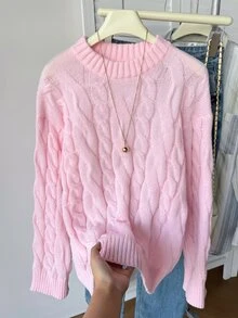Teen Girls Teen Girl Pink Round Neck Loose Long Sleeve Cable Knit Sweater, College Style Simple Casual Sweater - Pink - View 5