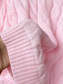 Teen Girls Teen Girl Pink Round Neck Loose Long Sleeve Cable Knit Sweater, College Style Simple Casual Sweater - Pink - View 9