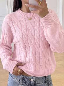 Teen Girls Teen Girl Pink Round Neck Loose Long Sleeve Cable Knit Sweater, College Style Simple Casual Sweater - Pink - View 1