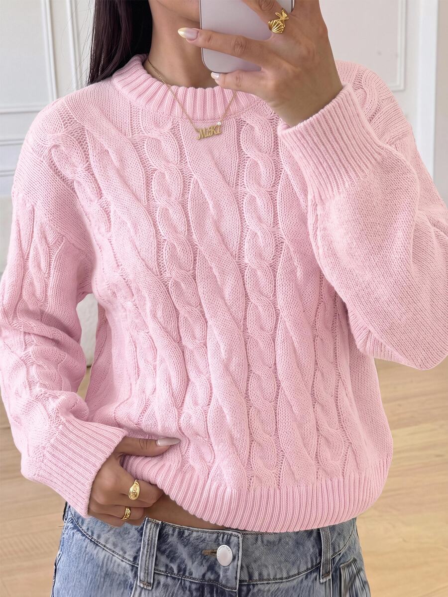 Teen Girls Teen Girl Pink Round Neck Loose Long Sleeve Cable Knit Sweater, College Style Simple Casual Sweater - Pink - View 1