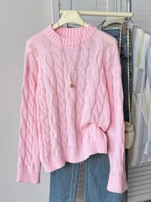 Teen Girls Teen Girl Pink Round Neck Loose Long Sleeve Cable Knit Sweater, College Style Simple Casual Sweater - Pink - View 4