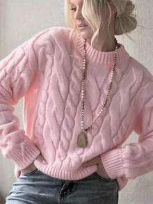 Teen Girls Teen Girl Pink Round Neck Loose Long Sleeve Cable Knit Sweater, College Style Simple Casual Sweater - Pink - View 6