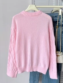 Teen Girls Teen Girl Pink Round Neck Loose Long Sleeve Cable Knit Sweater, College Style Simple Casual Sweater - Pink - View 8