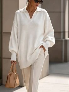SHEIN 女款時尚百搭長袖針織衫，適合日常穿著 - 白色 - 查看 6