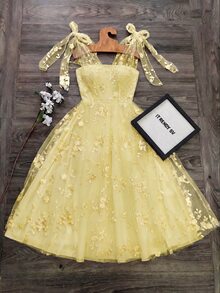 SHEIN Raffinéa Bandeau 優雅浪漫休閒風蕾絲提花洋裝，黃色夏季婚禮派對禮服 - 黃色 - 查看 5