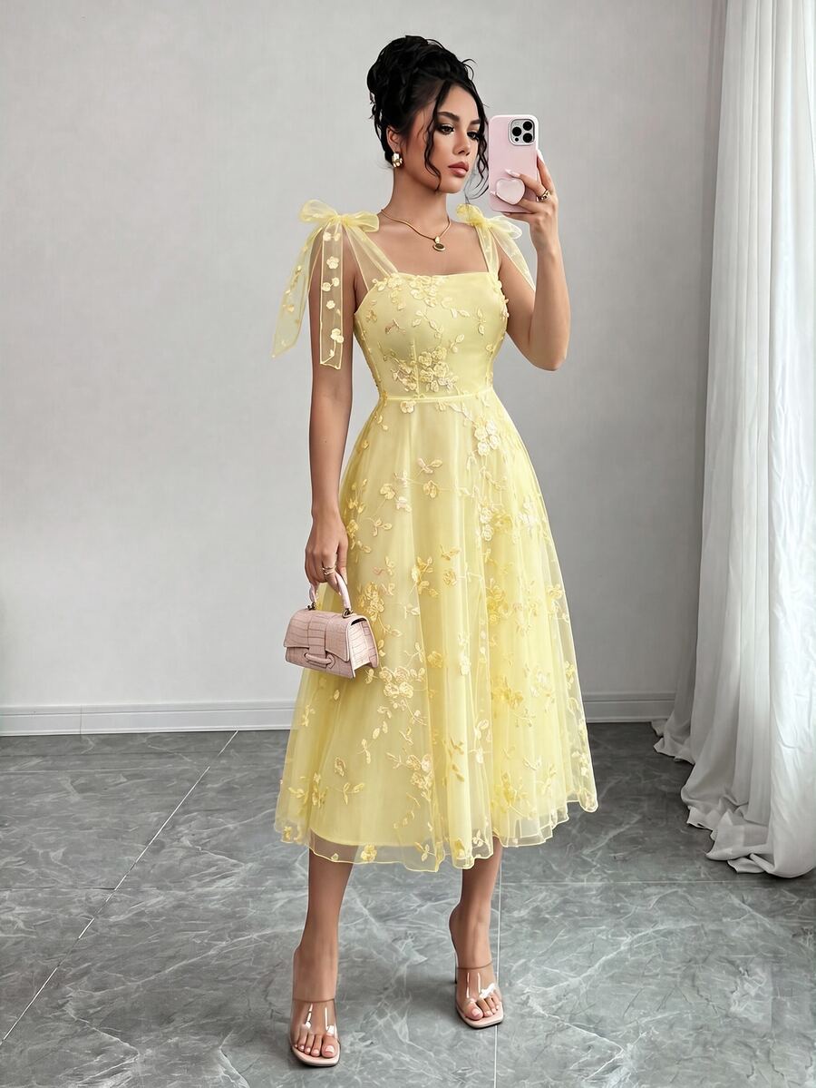 SHEIN Raffinéa Bandeau 優雅浪漫休閒風蕾絲提花洋裝，黃色夏季婚禮派對禮服