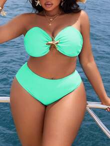 Slaydiva Mujeres Talla Grande 2pcs/Set unicolor Casual Camisola Dividida Traje de Baño Tankini Para Vacaciones de Verano en la Playa - verde menta - Ver 4