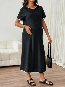 SHEIN 孕婦夏季休閒寬鬆拼接飾邊拍照洋裝 黑色 - 黑色 - 查看 4