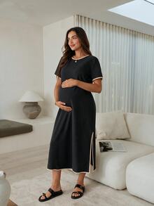 SHEIN 孕婦夏季休閒寬鬆拼接飾邊拍照洋裝 黑色 - 黑色 - 查看 3