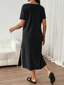 SHEIN 孕婦夏季休閒寬鬆拼接飾邊拍照洋裝 黑色 - 黑色 - 查看 2