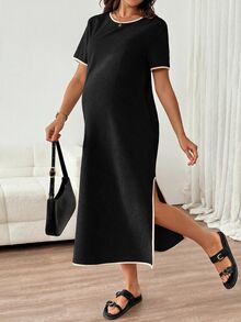 SHEIN 孕婦夏季休閒寬鬆拼接飾邊拍照洋裝 黑色 - 黑色 - 查看 8