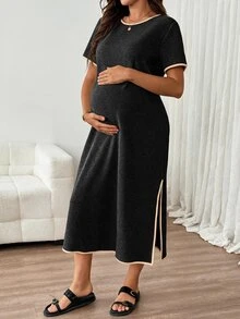 SHEIN 孕婦夏季休閒寬鬆拼接飾邊拍照洋裝 黑色 - 黑色 - 查看 7