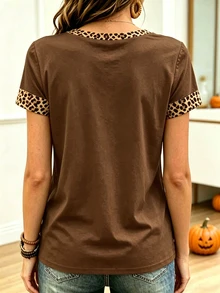 EMERY ROSE Halloween Leopard Print Pumpkin Bow Graphic Fashion Short Sleeve Plus Size T-Shirt - Multicolor - View 2