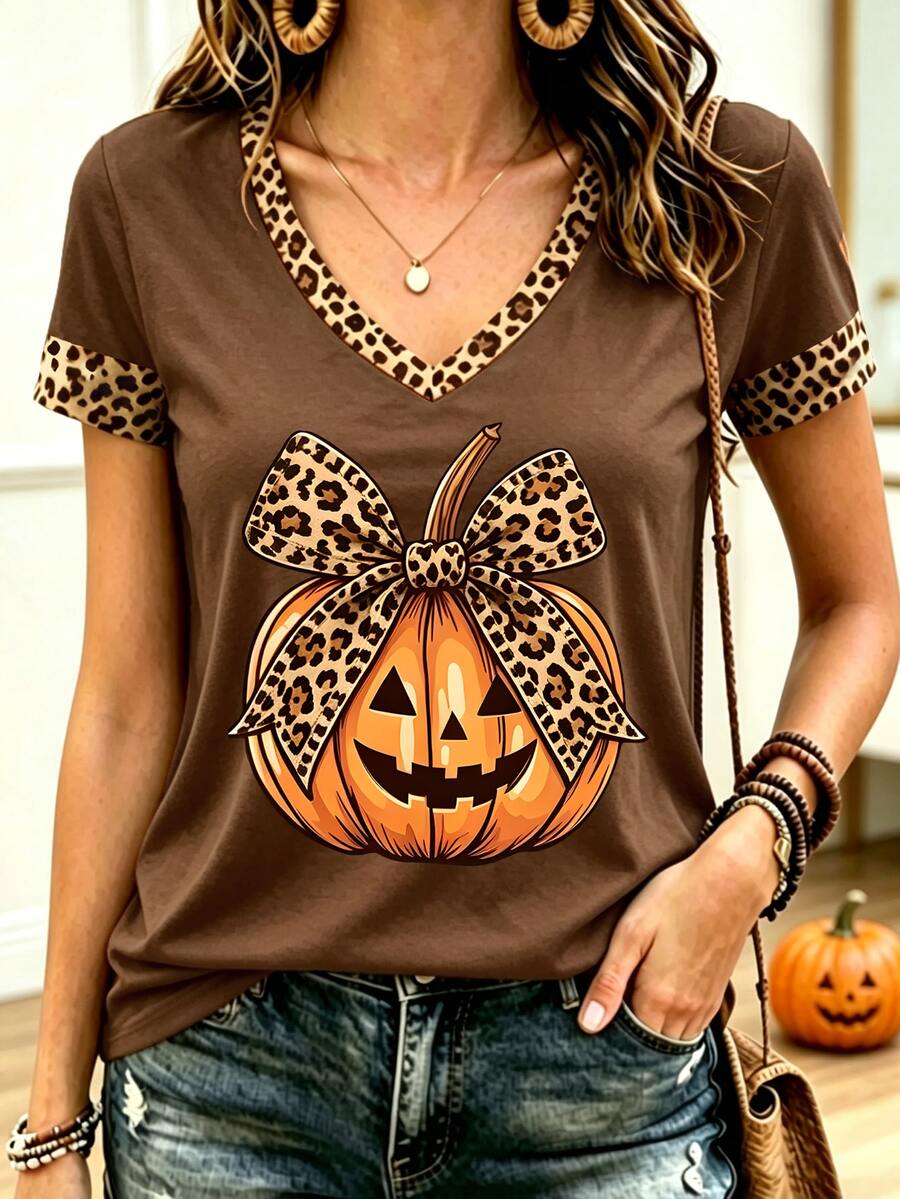 EMERY ROSE Halloween Leopard Print Pumpkin Bow Graphic Fashion Short Sleeve Plus Size T-Shirt - Multicolor - View 1
