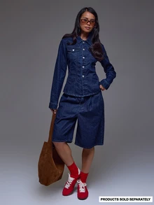 MUSERA Dark Wash Fitted Seam Detail Button Up Denim Shirt Winter Autumn Everyday Casual Going Out Cool Weekdaze - Dark Wash - View 1