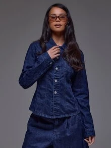 MUSERA Dark Wash Fitted Seam Detail Button Up Denim Shirt Winter Autumn Everyday Casual Going Out Cool Weekdaze - Dark Wash - View 2