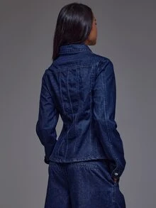 MUSERA Dark Wash Fitted Seam Detail Button Up Denim Shirt Winter Autumn Everyday Casual Going Out Cool Weekdaze - Dark Wash - View 4