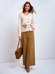 Dayvera Autumn Casual Floral Embroidered Cardigan - Apricot - View 7