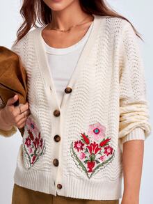 Dayvera Autumn Casual Floral Embroidered Cardigan - Apricot - View 2