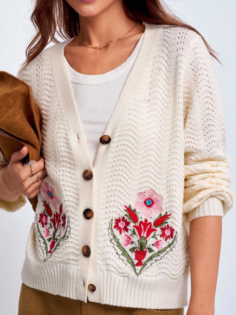 Dayvera Autumn Casual Floral Embroidered Cardigan - Apricot - View 1