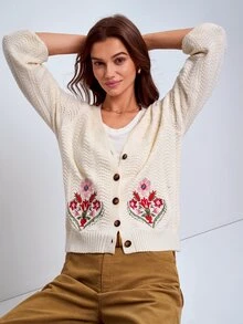 Dayvera Autumn Casual Floral Embroidered Cardigan - Apricot - View 3