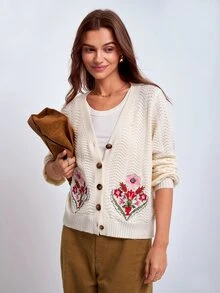 Dayvera Autumn Casual Floral Embroidered Cardigan - Apricot - View 9