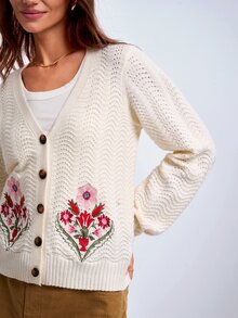 Dayvera Autumn Casual Floral Embroidered Cardigan - Apricot - View 6