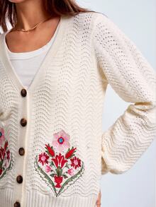 Dayvera Autumn Casual Floral Embroidered Cardigan - Apricot - View 1
