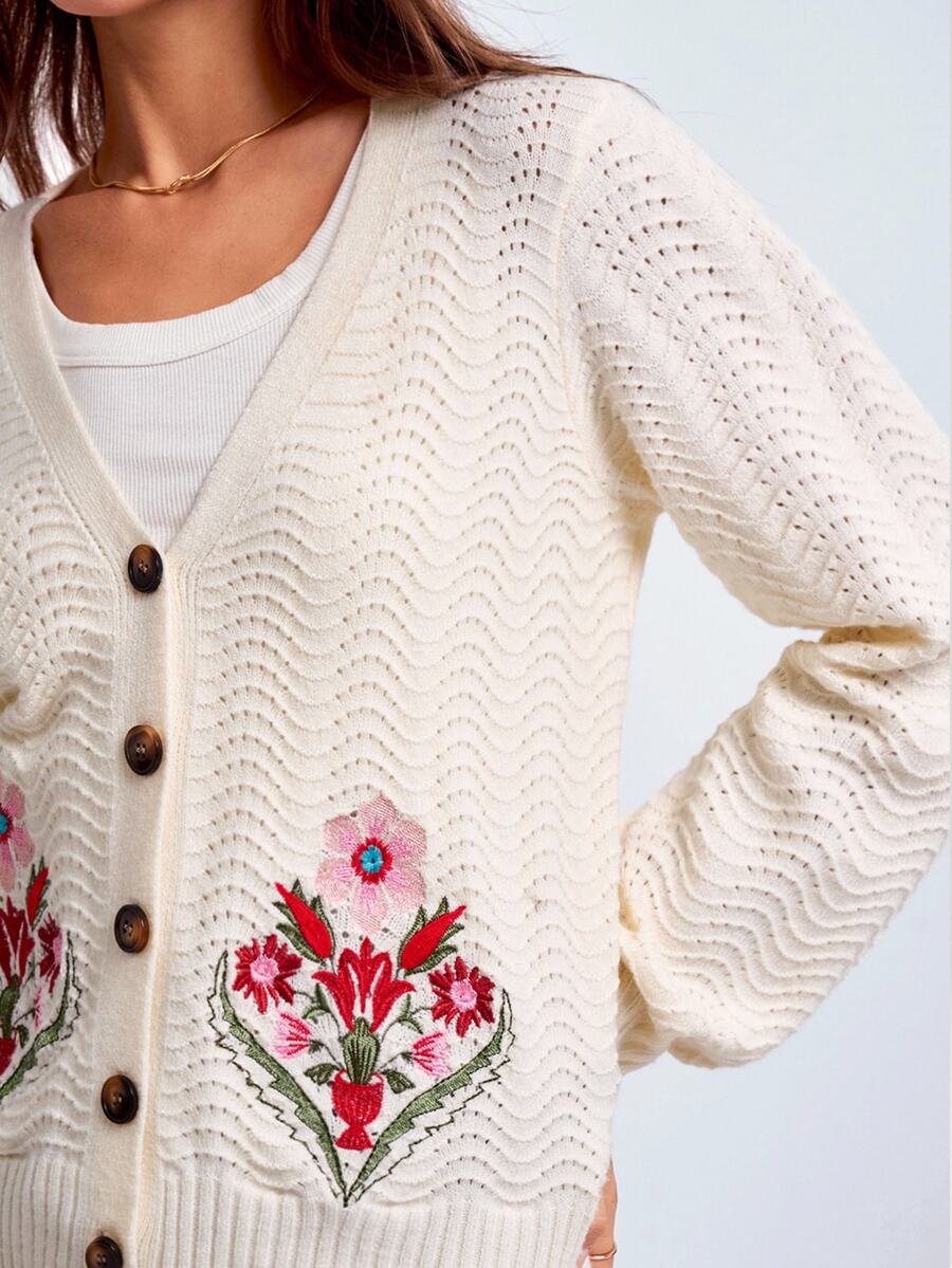 Dayvera Autumn Casual Floral Embroidered Cardigan - Apricot - View 1