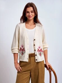 Dayvera Autumn Casual Floral Embroidered Cardigan - Apricot - View 5