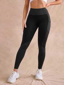 Easithlete Easithlete Legging Olahraga Lembut Patchwork dengan Kantong Jala, Warna Hitam, Cocok untuk Gym dan Musim Panas. - Hitam - View 3