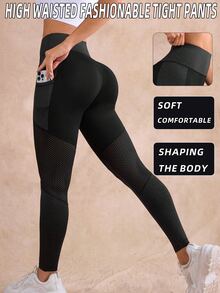 Easithlete Easithlete Legging Olahraga Lembut Patchwork dengan Kantong Jala, Warna Hitam, Cocok untuk Gym dan Musim Panas. - Hitam - View 5