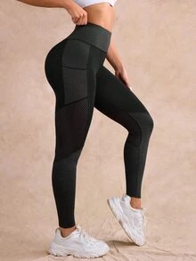 Easithlete Easithlete Legging Olahraga Lembut Patchwork dengan Kantong Jala, Warna Hitam, Cocok untuk Gym dan Musim Panas. - Hitam - View 4