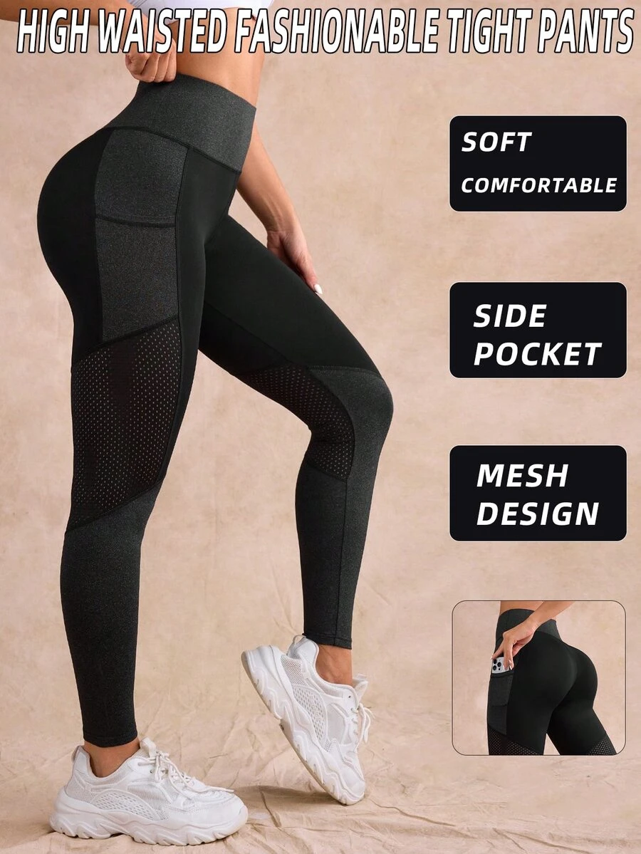Easithlete Easithlete Legging Olahraga Lembut Patchwork dengan Kantong Jala, Warna Hitam, Cocok untuk Gym dan Musim Panas. - Hitam - View 1