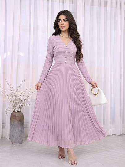 Feyla Robe élégante pour femme, couleur unie, col V, manches longues, design à boutons et ourlet plissé