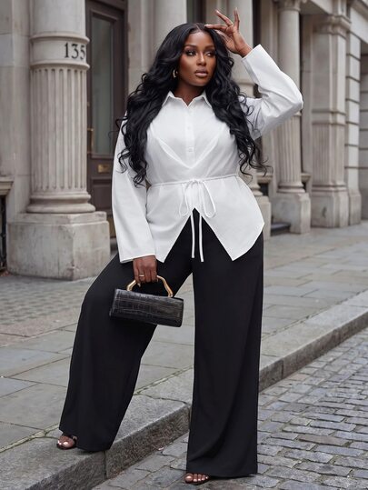 Slaydiva Spring Early Autumn New Casual Daily Street, Modern Commute, Office, Leisure, Back To School, School Occasions Fitted Solid White Long Sleeve Cinched Waist Split Belt Tie Women Plus Size Shirt Blouse-A