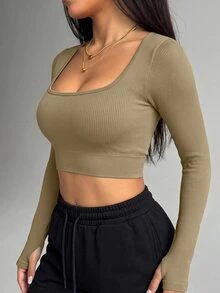SHEIN Sports Kaos Olahraga Lengan Panjang Potongan Pendek Warna Polos untuk Gym, Latihan, Warna Khaki, Musim Gugur, Gaya Athleisure, Atletik - Khaki - View 4