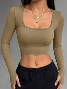 SHEIN Sports Kaos Olahraga Lengan Panjang Potongan Pendek Warna Polos untuk Gym, Latihan, Warna Khaki, Musim Gugur, Gaya Athleisure, Atletik - Khaki - View 5