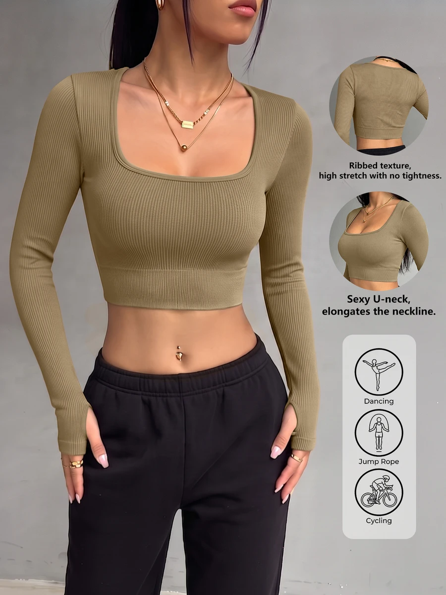 SHEIN Sports Kaos Olahraga Lengan Panjang Potongan Pendek Warna Polos untuk Gym, Latihan, Warna Khaki, Musim Gugur, Gaya Athleisure, Atletik - Khaki - View 1