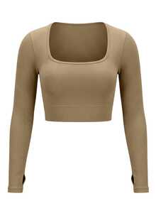 SHEIN Sports Kaos Olahraga Lengan Panjang Potongan Pendek Warna Polos untuk Gym, Latihan, Warna Khaki, Musim Gugur, Gaya Athleisure, Atletik - Khaki - View 3