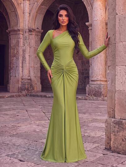 Aureia Elegant Romantic Knitted Gray-Green Asymmetrical Oblique Neckline Long Sleeve Waist Twist Ruched Bodycon Maxi Dress, Suitable For Banquet, Influencer Event, Celebration, Vacation, Beach, Birthday Party, Tea Party, Street Photography And Other Occasions, Women's Evening Gown, Bridesmaid Dress