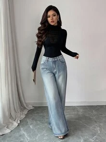 SHEIN Women's Fashion Mesh Patchwork Long Sleeve Bodysuit Street Style Elegant - Black - View 9