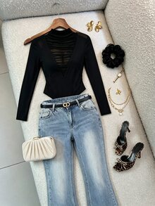 SHEIN Women's Fashion Mesh Patchwork Long Sleeve Bodysuit Street Style Elegant - Black - View 7