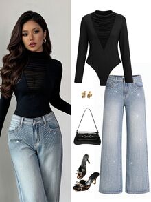 SHEIN Women's Fashion Mesh Patchwork Long Sleeve Bodysuit Street Style Elegant - Black - View 6