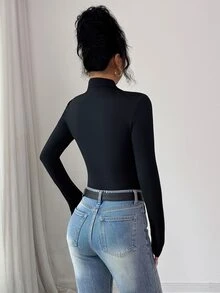 SHEIN Women's Fashion Mesh Patchwork Long Sleeve Bodysuit Street Style Elegant - Black - View 4