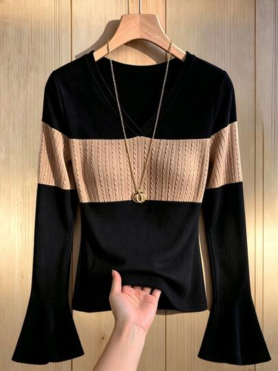 GlowEve CURVE Plus Size Women's Halloween Fall Outfit, Black Color Block Elegant V-Neck Long Sleeve Casual Knit T-Shirt, Suitable For Commute, Formal Occasions