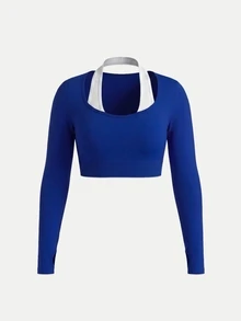 Sweetra Kaos Olahraga Wanita Ukuran Plus Model Halter Neck Cropped dengan Blok Warna - Navy Blue - View 1