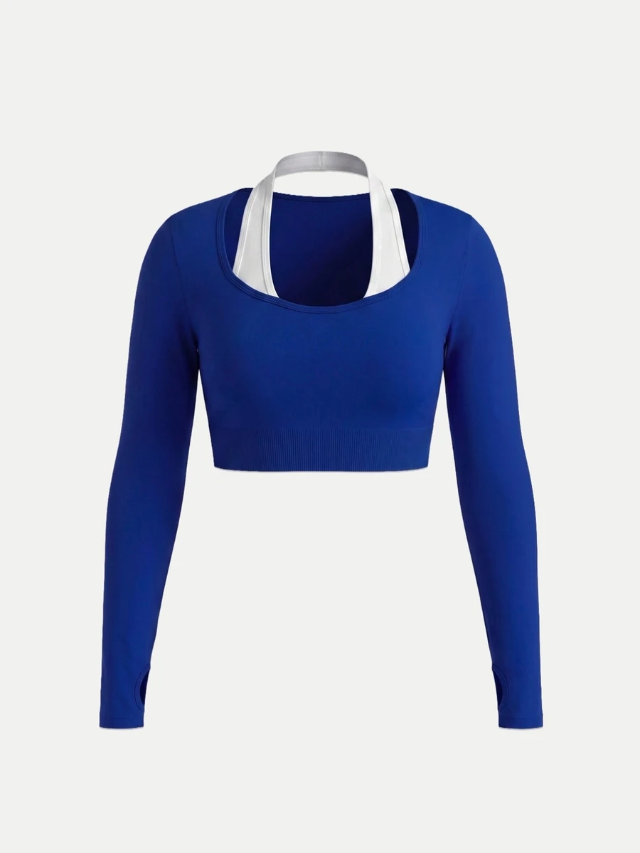 Sweetra Kaos Olahraga Wanita Ukuran Plus Model Halter Neck Cropped dengan Blok Warna - Navy Blue - View 1