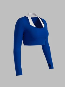 Sweetra Kaos Olahraga Wanita Ukuran Plus Model Halter Neck Cropped dengan Blok Warna - Navy Blue - View 2